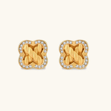 Gold-plated 925 silver clover stud earrings with brushed braid center and CZ stone border, 12mm, push-back closure.